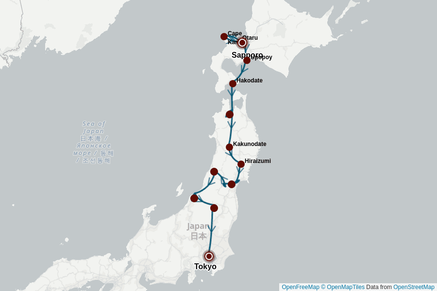 Itinerary Map image for Nordjapan Rundreise: Hokkaido & Tohoku