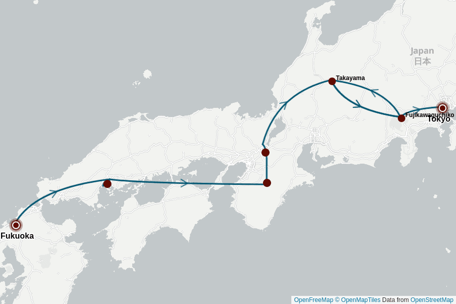 Itinerary Map image for Les Essentiels du Japon: 15 jours d'aventure