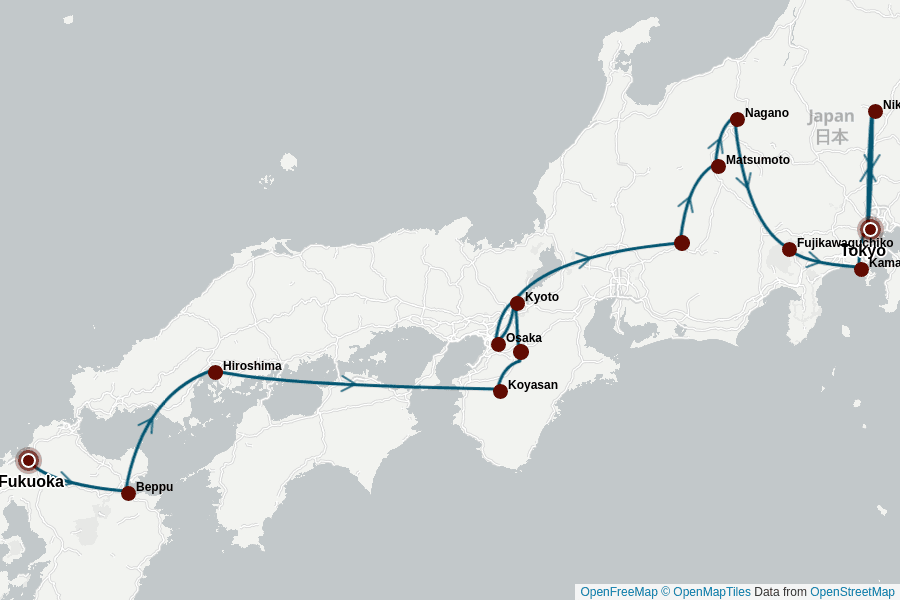 Itinerary Map image for Circuit de 21 jours au Japon : Le Japon sous un autre angle