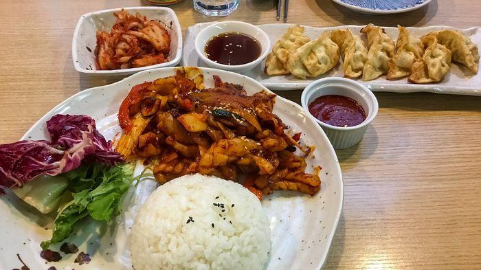 Korean Cuisine - Pork dumplings, squid dubbap and kimchi