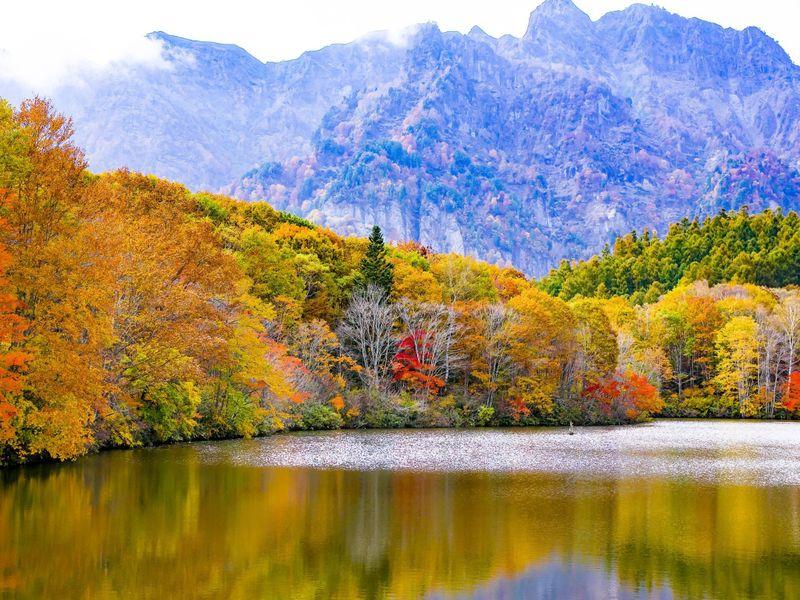 Japan-Togakushi-Lake-Mountains-Trees-in-Autumn