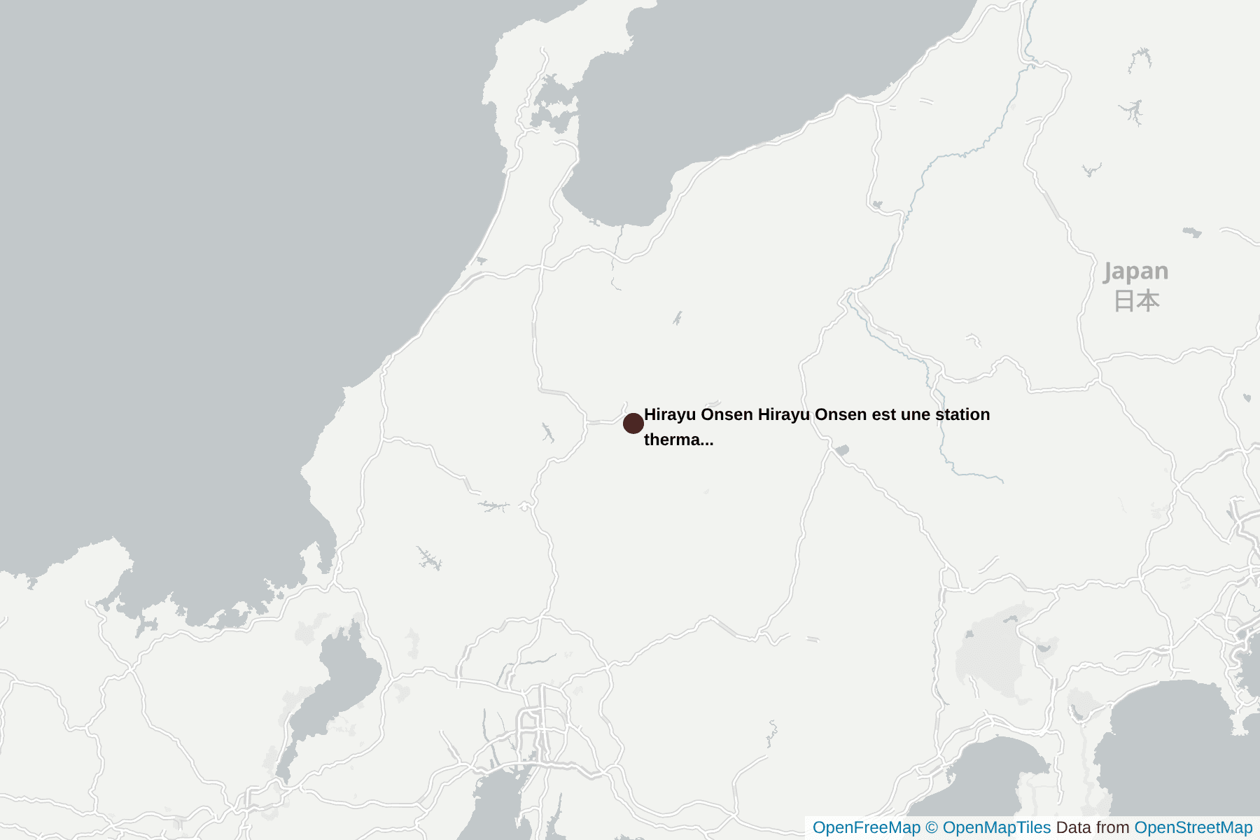 Carte de Hirayu Onsen
Hirayu Onsen est une station thermale située dans la préfecture de Gifu, au Japon. C'est un lieu populaire pour se détendre et profiter des sources chaudes naturelles. Les visiteurs peuvent également profiter de la nature environnante, notamment des montagnes et des forêts. Hirayu Onsen est également réputé pour ses bains en plein air, où les baigneurs peuvent se baigner tout en admirant les magnifiques paysages. C'est un endroit idéal pour se ressourcer et se reconnecter avec la nature.